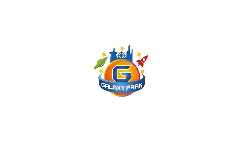Galaxy Park logo with an orange globe, blue 'G', rocket and city skyline, yellow stars, and a blue ribbon reading Galaxy Park