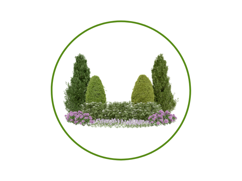 Circular logo featuring a small landscaped garden with tall evergreens, rounded shrubs, and purple flowers inside a green ring.”,