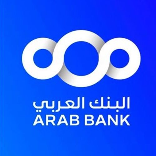 Arab Bank logo: three white interconnected circles on a blue background with Arabic text and 'ARAB BANK' beneath.