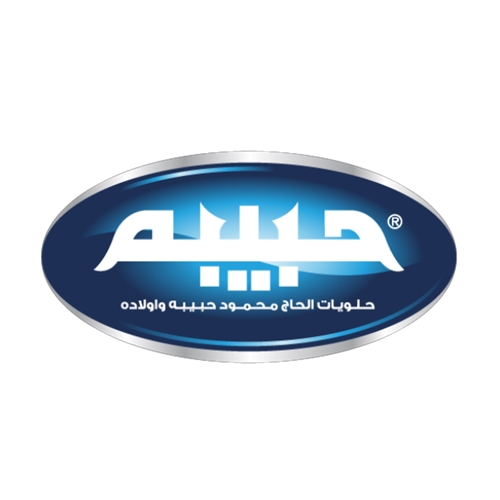Blue oval brand logo with white Arabic script, likely for a sweets company. The text is prominent with a silver border around the oval.