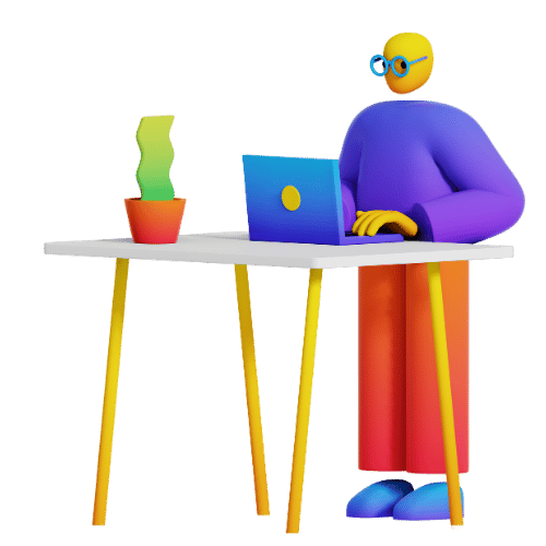 Purple humanoid figure with glasses sits at a white desk using a blue laptop; a green potted plant sits to the left.