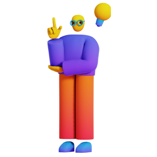 3D stylized person with purple torso, orange legs, blue shoes, raising one finger; a glowing yellow lightbulb floats nearby.
