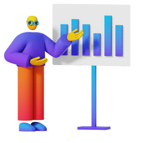 11 | Ordonna Guide Colorful 3D humanoid presenter pointing to a bar chart on a white presentation board on a stand.