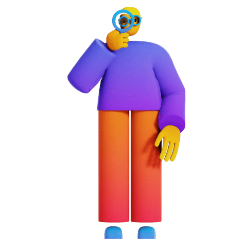 3D colorful humanoid figure in a purple shirt and orange pants holds a camera to its eye, as if taking a photo.