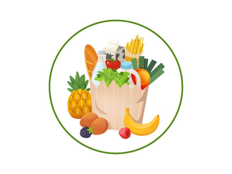 Paper grocery bag overflowing with fresh produce and groceries, set inside a green circular frame.