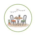 Cafes | Ordonna Guide Circular illustration of an outdoor cafe setup: round table with two chairs, string lights above, and potted plants on a beige rug inside a green ring.