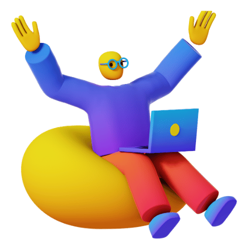 3D cartoon person with glasses on a bean bag, laptop on lap, raising both arms in a celebratory pose for a relaxed tech or remote work scene