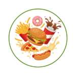 Restaurants | Ordonna Guide Colorful circular logo featuring a burger, fries, pizza slice, hot dog, donut and a soda cup inside a green ring.