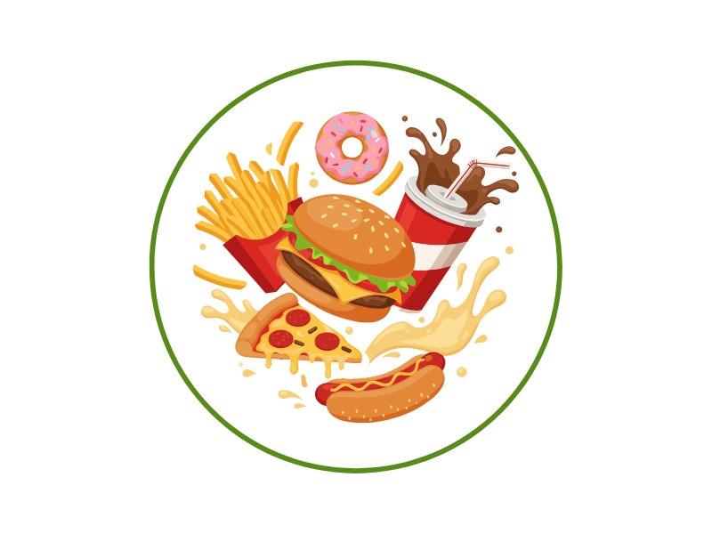Colorful circular logo featuring a burger, fries, pizza slice, hot dog, donut and a soda cup inside a green ring.