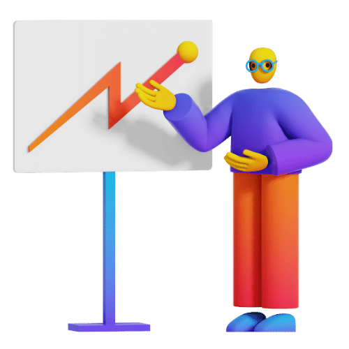3D cartoon figure in purple shirt and orange pants points to a whiteboard with a rising orange line chart.