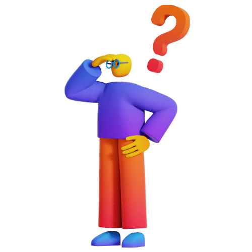 3D cartoon character in a purple shirt and orange pants scratches its head with a large question mark above, signaling confusion or inquiry.