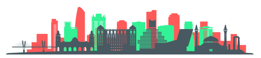 Stylized city skyline with red, green, and gray buildings on a dark horizon.