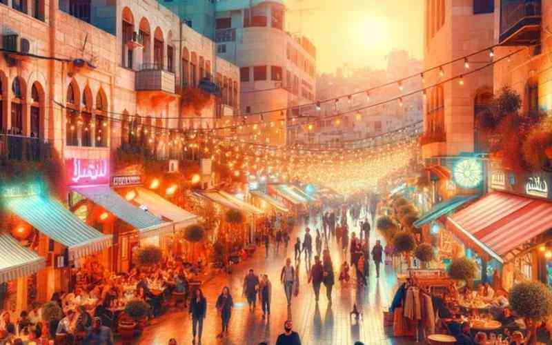 Busy pedestrian street lined with outdoor cafes and string lights at dusk or evening.