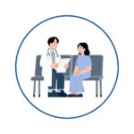 13 | Ordonna Guide Doctor reviewing a document with a patient seated on a bench in a clinic, both inside a circular blue border