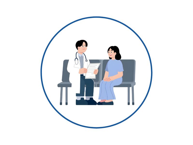 13 | Ordonna Guide Doctor reviewing a document with a patient seated on a bench in a clinic, both inside a circular blue border