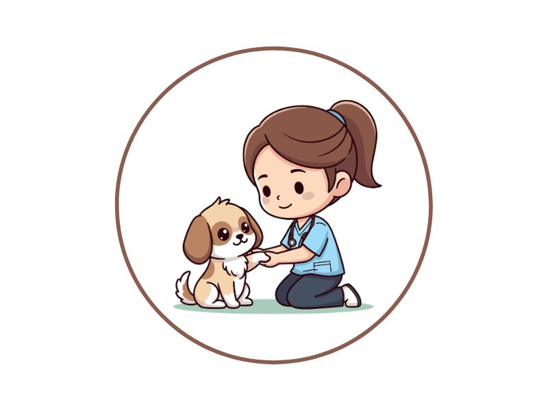 16 | Ordonna Guide Cartoon veterinarian kneeling to gently pat a small puppy inside a circular frame