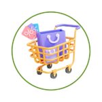 17 | Ordonna Guide Orange shopping cart carrying a purple bag and sale tags, framed by a green circular border.