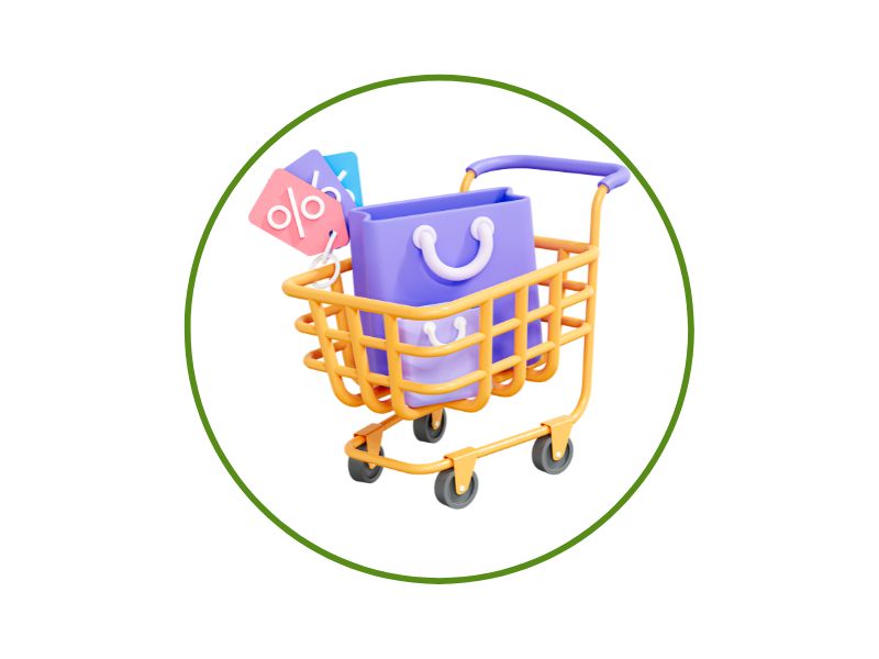 17 | Ordonna Guide Orange shopping cart carrying a purple bag and sale tags, framed by a green circular border.