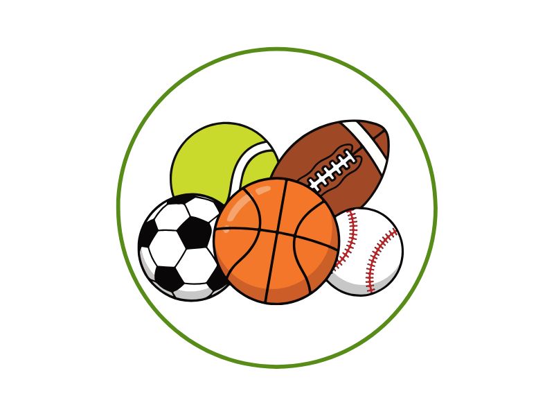18 | Ordonna Guide Group of sports balls (soccer, tennis, basketball, football, and baseball) inside a green circular border.