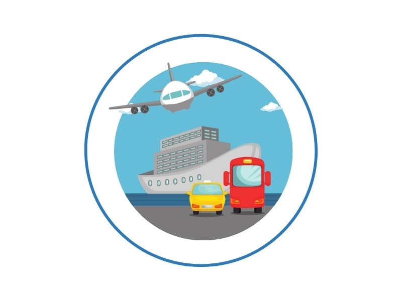 19 | Ordonna Guide Circular emblem showing an airplane above a cruise ship with a yellow car and a red bus on a road.