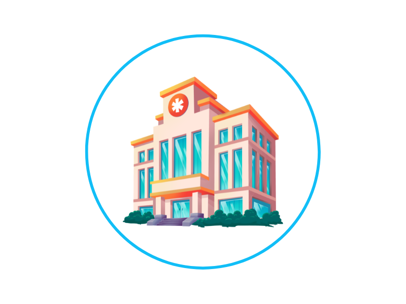 Colorful modern office building inside a blue circular frame.