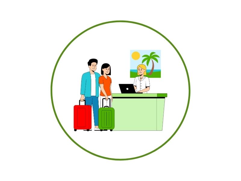 20 | Ordonna Guide Couple with red and green suitcases at a travel desk, a receptionist on the other side with a laptop and a beach picture on the wall.