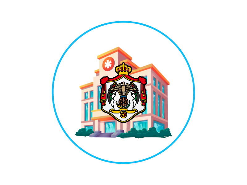 Illustration of a pink-orange office building with a royal crest overlaid, inside a blue circular border.