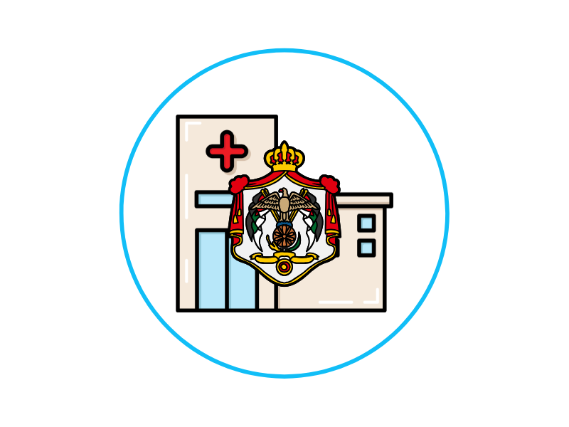 Hospital building icon with a Dominican Republic coat of arms emblem overlaid on the front, inside a blue circular border.