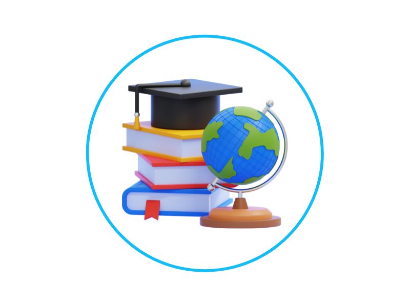 6 | Ordonna Guide Stack of colorful books with a globe and a graduation cap, inside a blue circular border to symbolize education