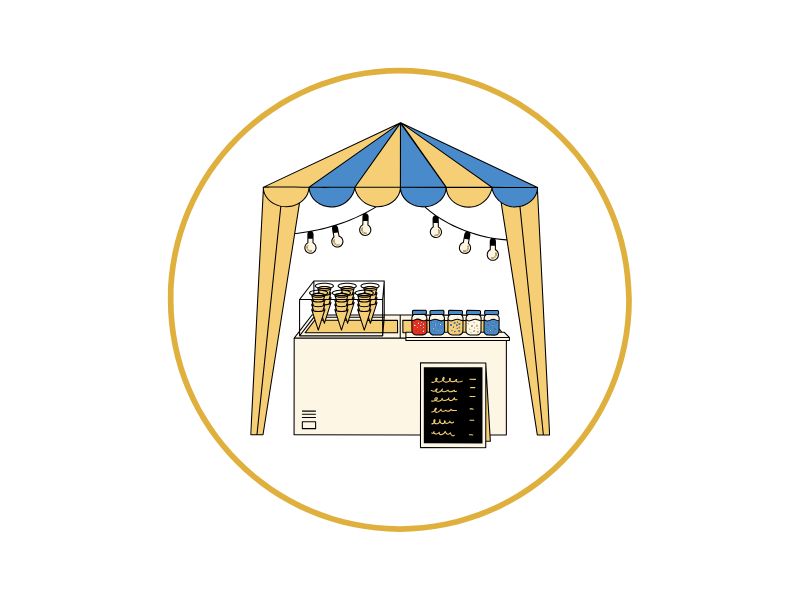 7 | Ordonna Guide Outdoor market stall under a blue-yellow striped canopy selling ice cream cones and jars, framed by a gold circle.