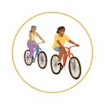 8 | Ordonna Guide Two people riding bicycles together inside a gold circular border.
