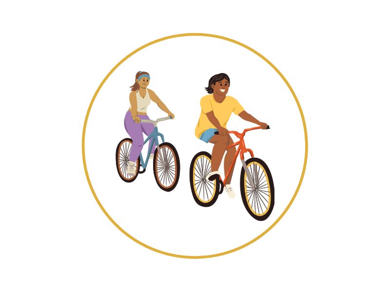 8 | Ordonna Guide Two people riding bicycles together inside a gold circular border.