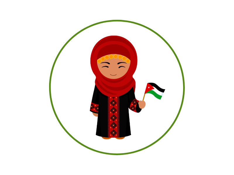 Cartoon girl in a red hijab and traditional dress, smiling and waving a Palestinian flag inside a green circular border.