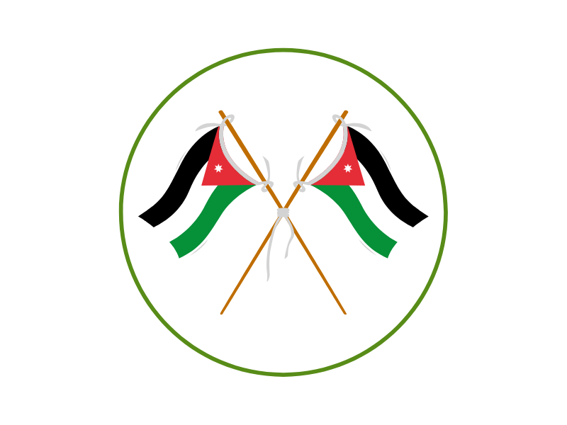 Two Jordanian flags crossed in the center, tied with a white cord, inside a green circular border.