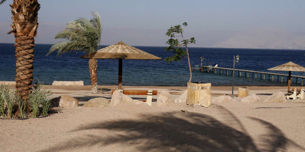 Beach scene with straw umbrellas, palm trees, sandy promenade, and a wooden pier extending into calm blue water.