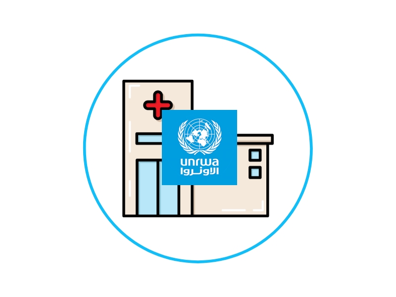 Hospital building with a red cross and a blue UNRWA logo badge in front, encircled by a blue ring.