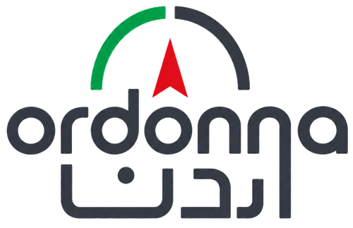 Ordonna logo with a green and gray semicircular compass arc and red compass needle above the stylized wordmark and Arabic script.