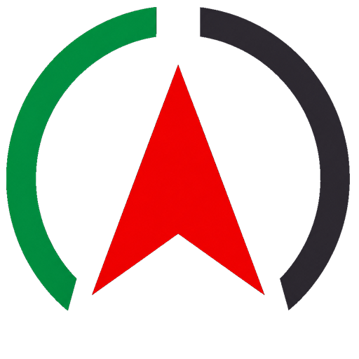 Logo with a red upward-pointing arrowhead inside a green and dark gray circular arc, suggesting navigation or direction.