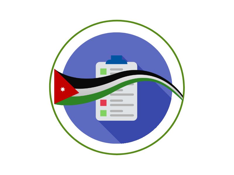 Logo-style image: a clipboard with a checklist inside a blue circle, accented by a flowing Jordanian flag and a green ring around the edge.