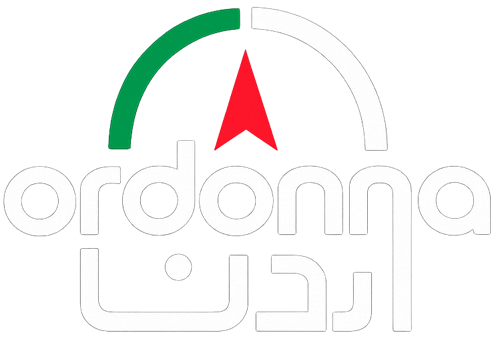 Logo featuring a red compass needle above the brand name 'ordona' in white, with green and white arc elements forming a semicircle and Arabic script beneath on a black background.