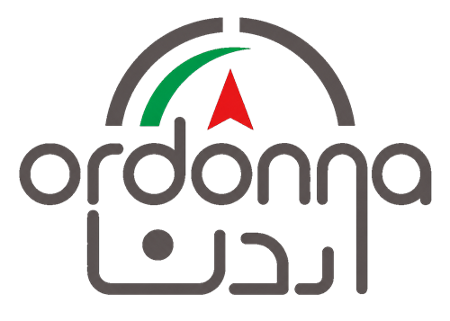 or logo | Ordonna Guide Brand logo with gray stylized text, a circular arc above, a green leaf and red triangle, and Arabic script element beneath.