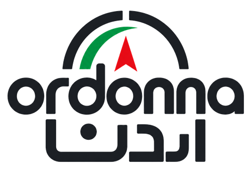 Ordonna logo: dark rounded wordmark with a green arc and red arrow above, plus Arabic text beneath.