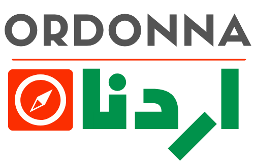 ORDONNA logo with a thin red line underneath, a red square containing a white compass icon, and green Arabic script below.