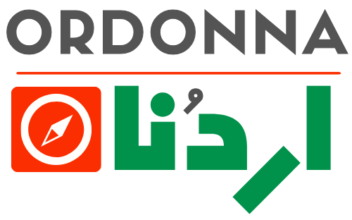 Ordonna brand logo: grey 'ORDONNA' wordmark above a red underline, with a red square containing a white compass icon and green geometric letters below.