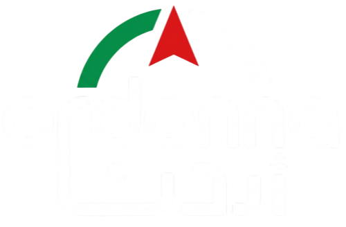 Logo for ordonna: lowercase white wordmark inside a circular arc of green and white with a red triangular point above.