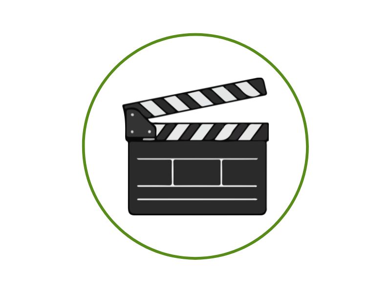 Clapperboard icon inside a green circular border, representing film production.