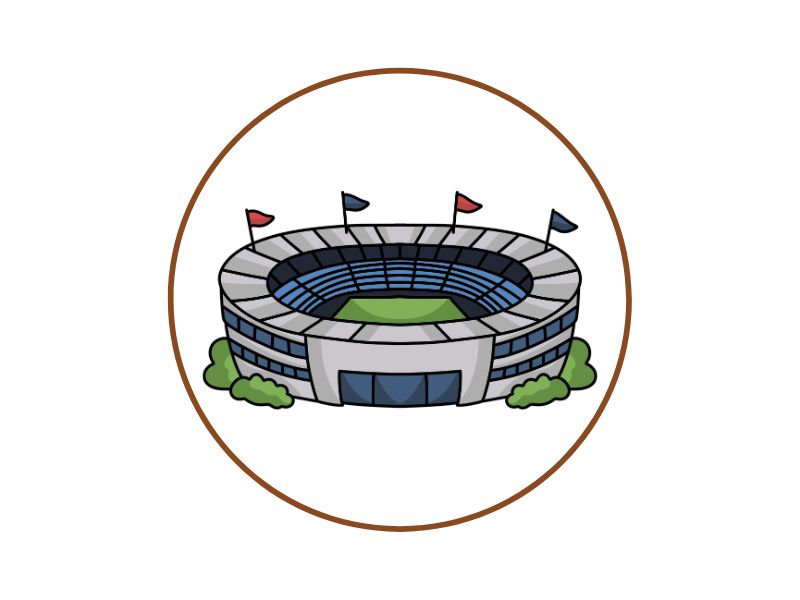 Illustration of a circular stadium with a green field, blue seating, and flags atop the stands, surrounded by a brown ring.