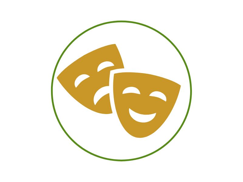 Gold comedy and tragedy theater masks inside a green circular border in a logo-style image.