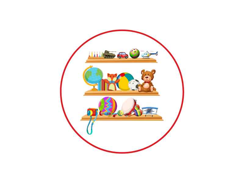 Three-level wooden toy shelves inside a red circle, filled with colorful toys (globe, teddy bear, ball, drum, cars, airplane, and blocks).