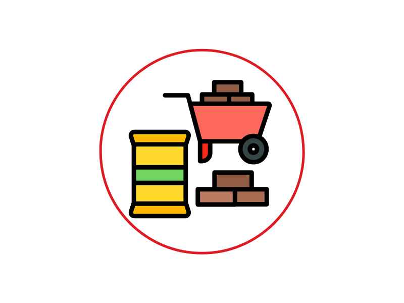 Circular icon with a wheelbarrow and bricks, representing construction materials within a red ring.